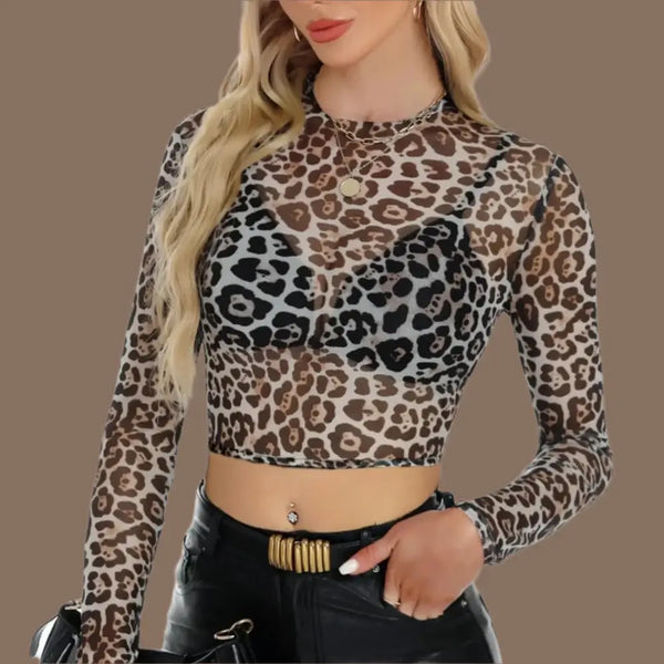 Long Sleeve Mesh Crop Top featuring a trendy animal print design, perfect for stylish and comfortable outfits.