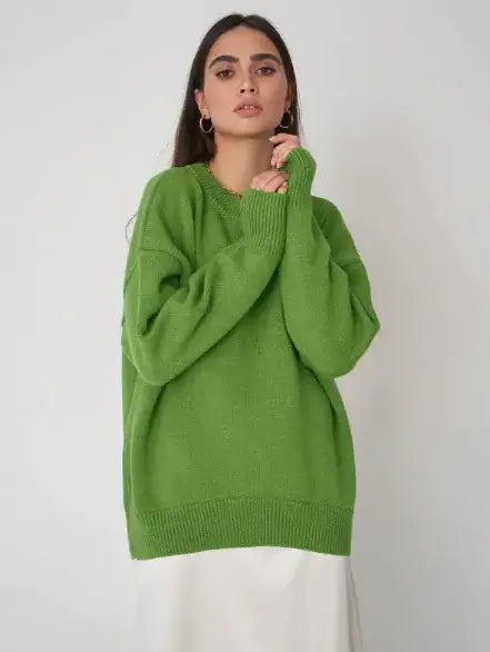 Loose Crew Neck Sweatshirt for Women in vibrant green color, showcasing a relaxed-fit style perfect for casual wear.