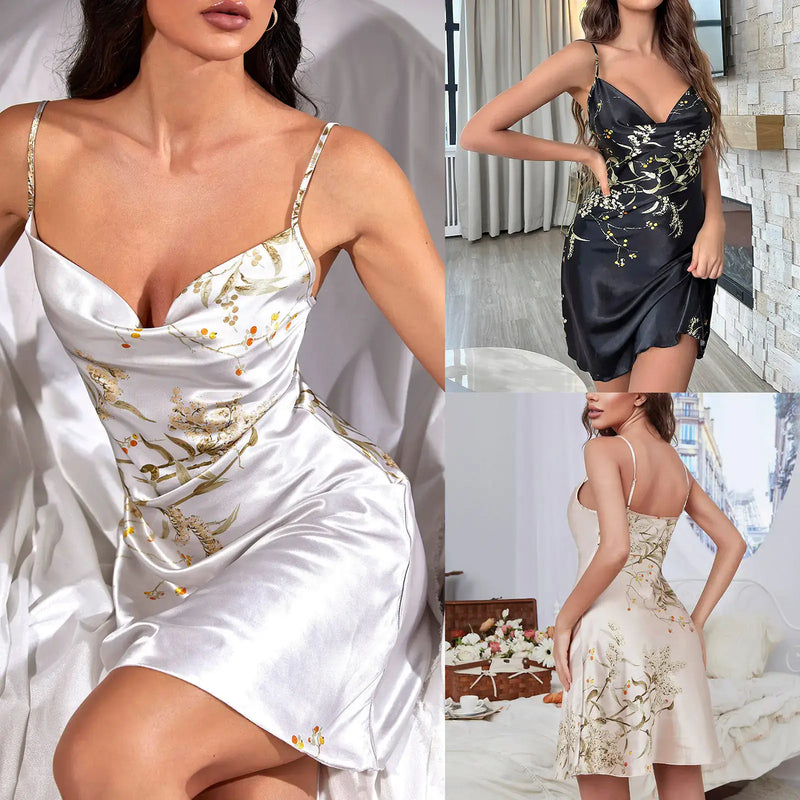 Luxury Women's Satin Night Set in various styles and colors featuring elegant embroidery and delicate straps.