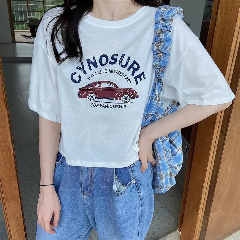 Short Sleeve T-Shirt for Women featuring a car graphic and casual style, perfect for summer fashion.