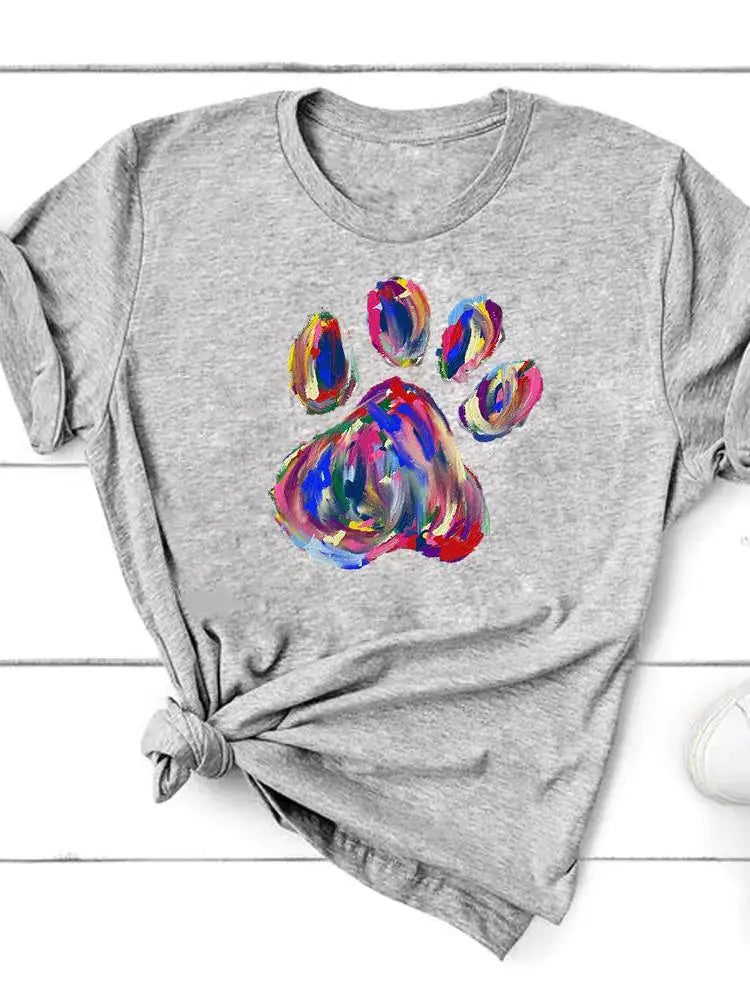 Short Sleeve T-Shirt for Women featuring a colorful paw print design on a gray background.