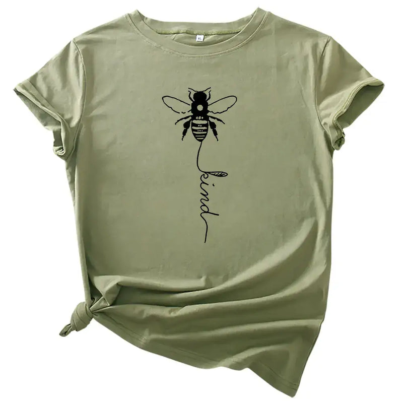 Short Sleeve T-Shirt for Women featuring a bee graphic and the word 'kind' in a stylish design.