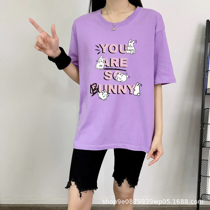 Short Sleeve T-shirt For Women's in purple with cute bunny graphics and playful text.