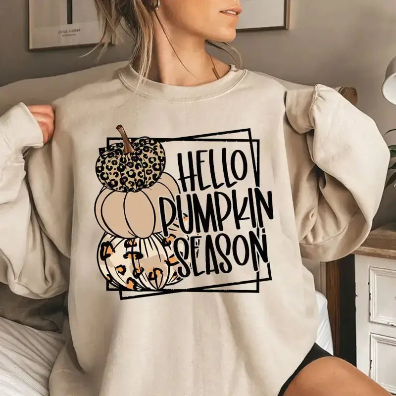 October Magic Women's Cotton Sweater featuring a fun 'Hello Pumpkin Season' graphic design.