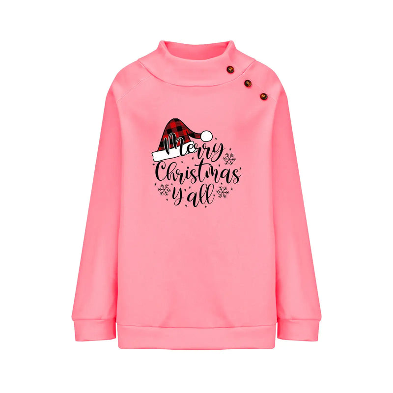 Christmas Spirit Turtleneck Pullover in pink with festive 'Merry Christmas Y'all' print and holiday design.