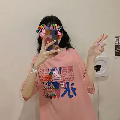 Short Sleeve Women's T-Shirt in pink with colorful graphic design, perfect for casual summer wear.