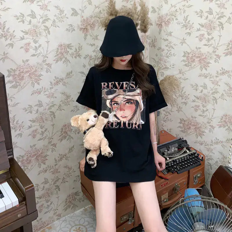 Short Sleeve T-Shirt for Women featuring a graphic design with a girl and a teddy bear, perfect for casual summer wear.