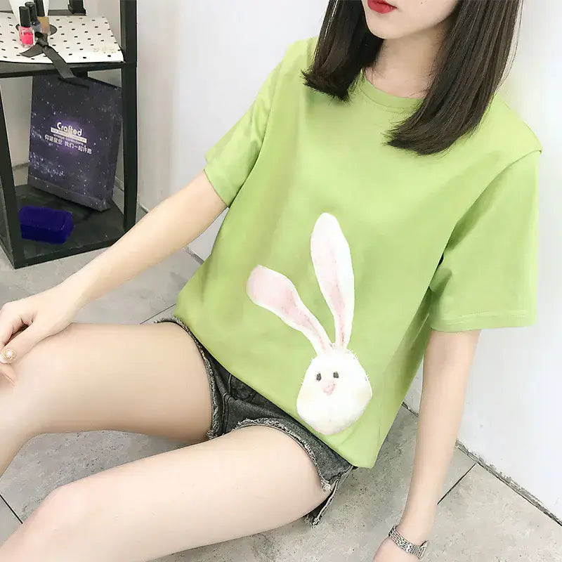Short Sleeve T-Shirt for Women featuring a playful bunny design in light green fabric