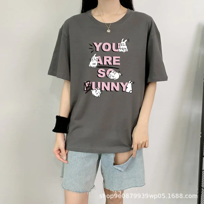 Short Sleeve T-shirt For Women's featuring fun rabbit design and playful text in a stylish gray color.