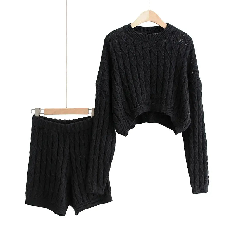 Stylish Knitted Comfort Set featuring a cozy black crop sweater and matching shorts.