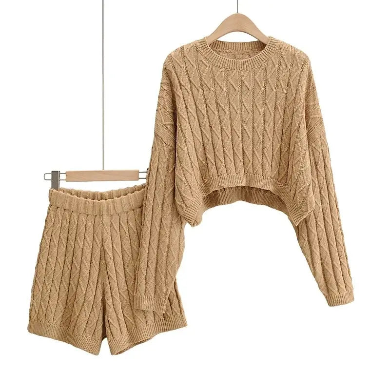Stylish Knitted Comfort Set featuring a cozy twist-knit sweater and shorts in a warm beige color.