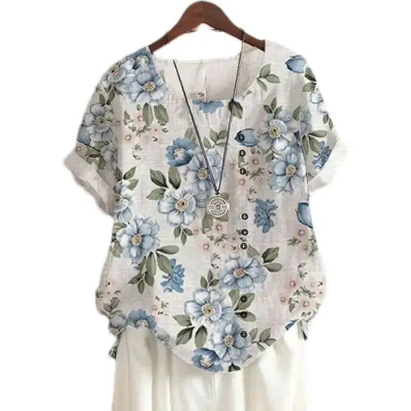 Summer Vintage Cotton Linen Loose T-Shirt featuring retro floral prints and a casual style for women.