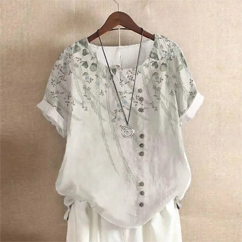 Summer Vintage Cotton Linen Loose T-Shirt with floral prints and buttons, perfect for casual summer outings.