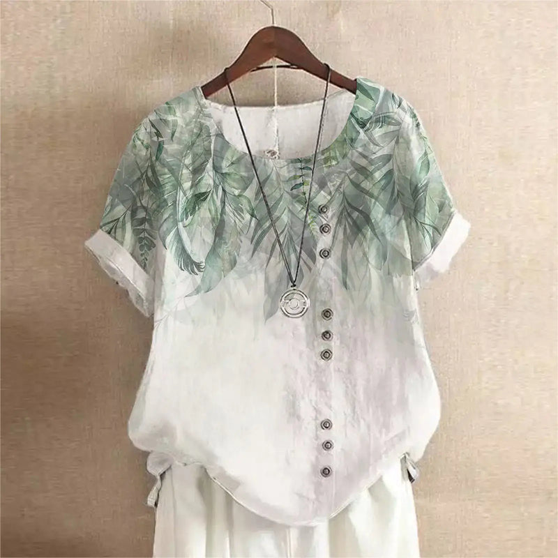 Summer Vintage Cotton Linen Loose T-Shirt featuring a floral design and buttons, perfect for casual summer outings.