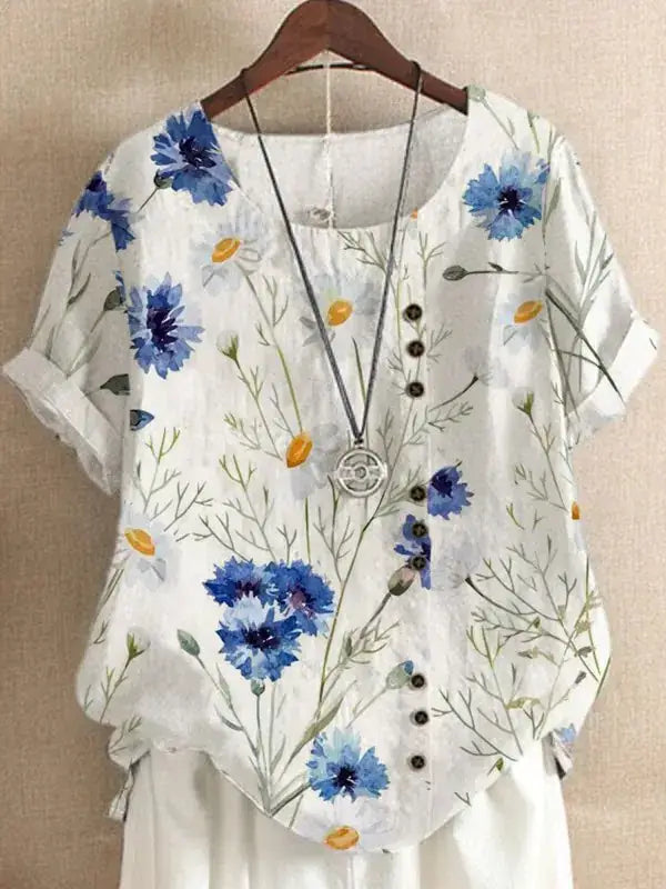 Summer Vintage Cotton Linen Loose T-Shirt with floral print, short sleeves, and button detail.