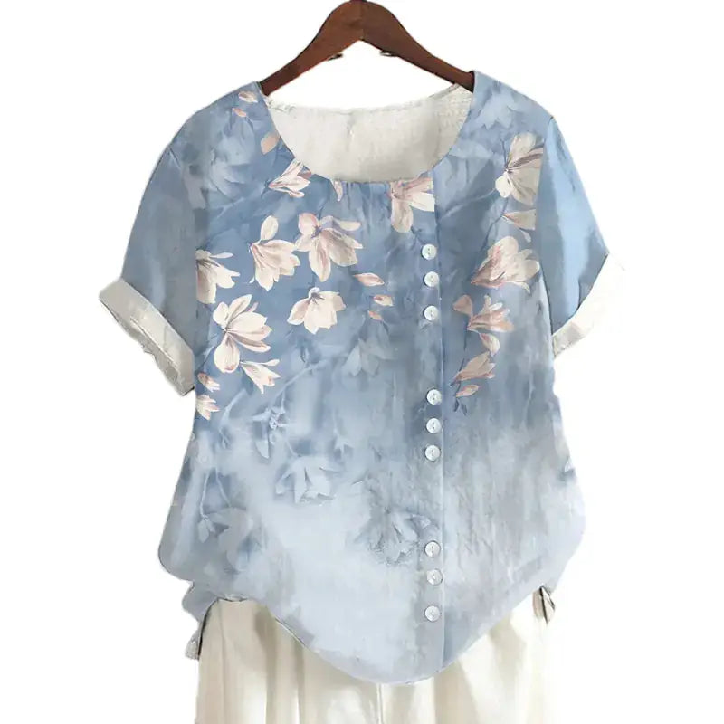 Summer Vintage Cotton Linen Loose T-Shirt in blue with floral print and buttons, perfect for casual summer outings.