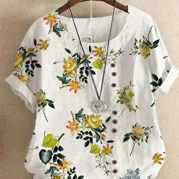 Summer Vintage Cotton Linen Loose T-Shirt with retro floral prints and short sleeves.