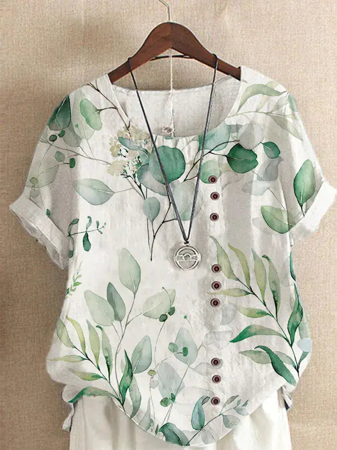 Summer Vintage Cotton Linen Loose T-Shirt featuring a floral print design on a breathable fabric.