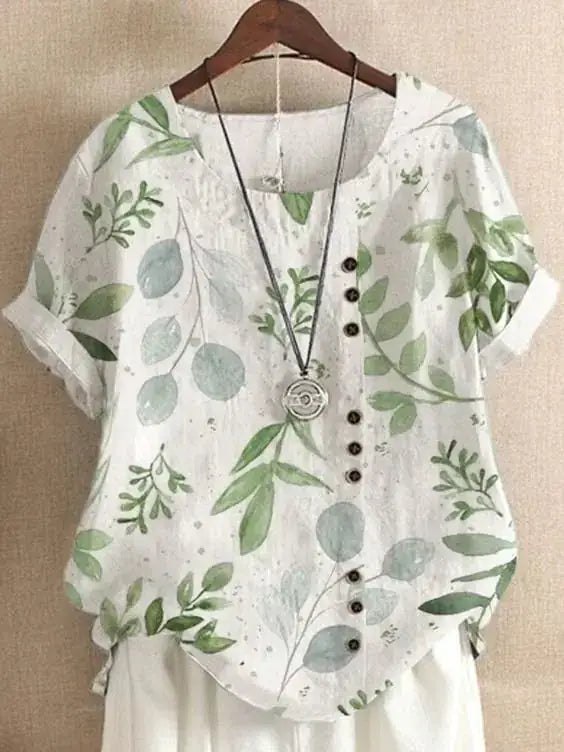 Summer Vintage Cotton Linen Loose T-Shirt featuring green floral prints and button detail.