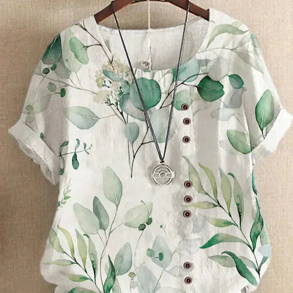Summer Vintage Cotton Linen Loose T-Shirt featuring floral leaf prints and buttons for a trendy casual look.