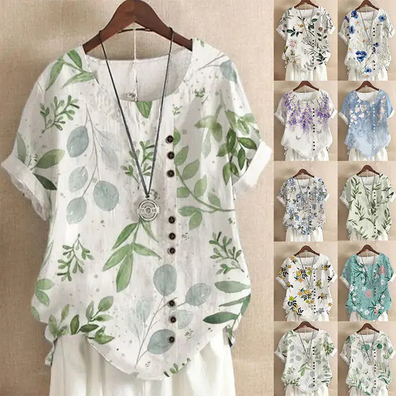 Summer Vintage Cotton Linen Loose T-Shirt in floral prints, perfect for casual summer outings.