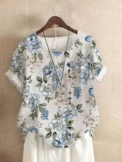 Summer Vintage Cotton Linen Loose T-Shirt with floral design and short sleeves, perfect for casual summer outings.