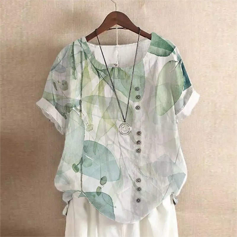 Summer Vintage Cotton Linen Loose T-Shirt with floral prints and buttons, perfect for casual summer outings.