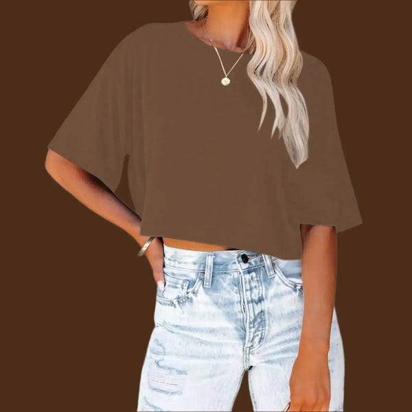 Crop Tops for Women Trendy Half Sleeve in stylish brown color with casual ripped jeans.