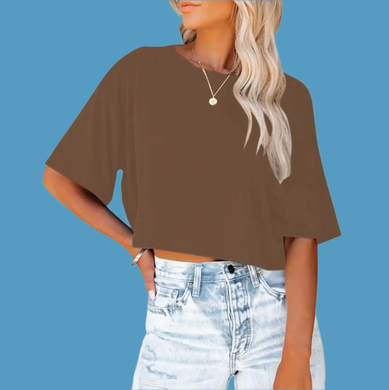 Crop Tops for Women Trendy Half Sleeve in soft brown with short sleeves, perfect for casual spring and summer outfits.