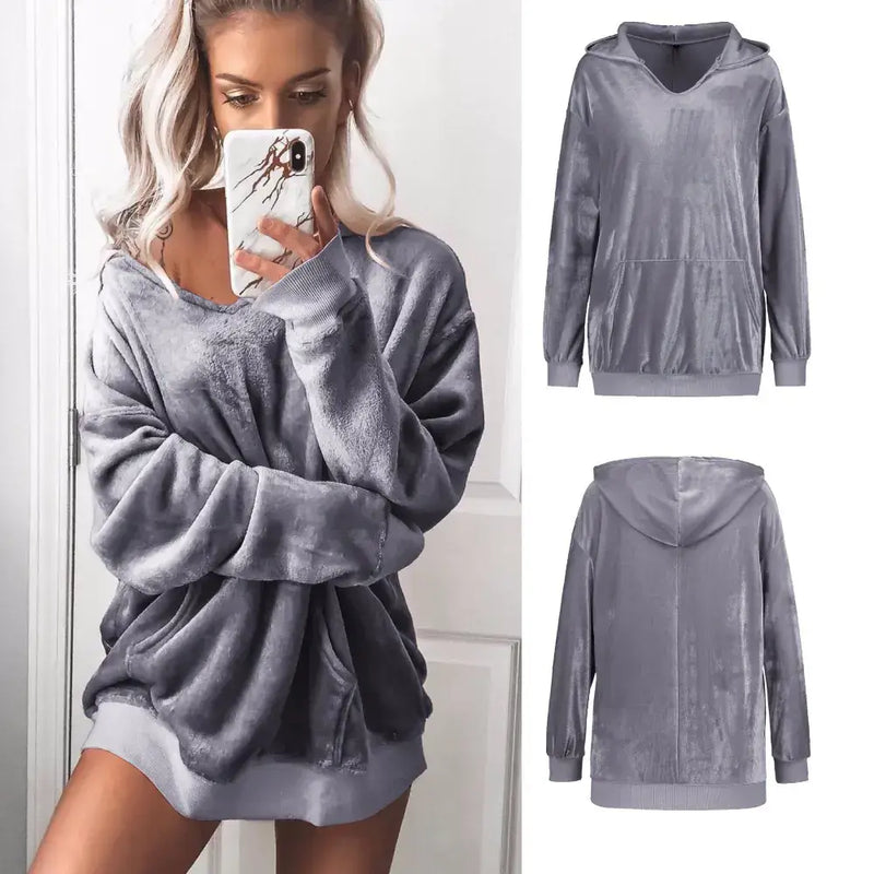 Trendy Fleece Comfort Top in gray, featuring a cozy design with a hood and loose fit, perfect for casual wear.