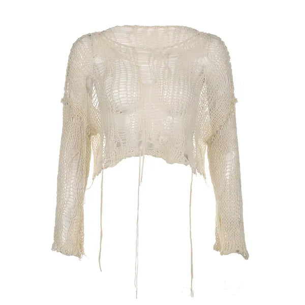 Trendy Woolen Streetwear Top featuring a unique distressed look and slouchy shoulders for an edgy vibe.