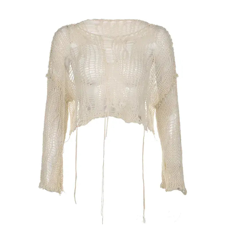 Trendy Woolen Streetwear Top featuring a unique distressed look and slouchy shoulders.