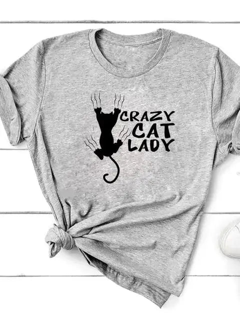 Short Sleeve T-Shirt for Women featuring a "Crazy Cat Lady" design with a playful cat graphic.