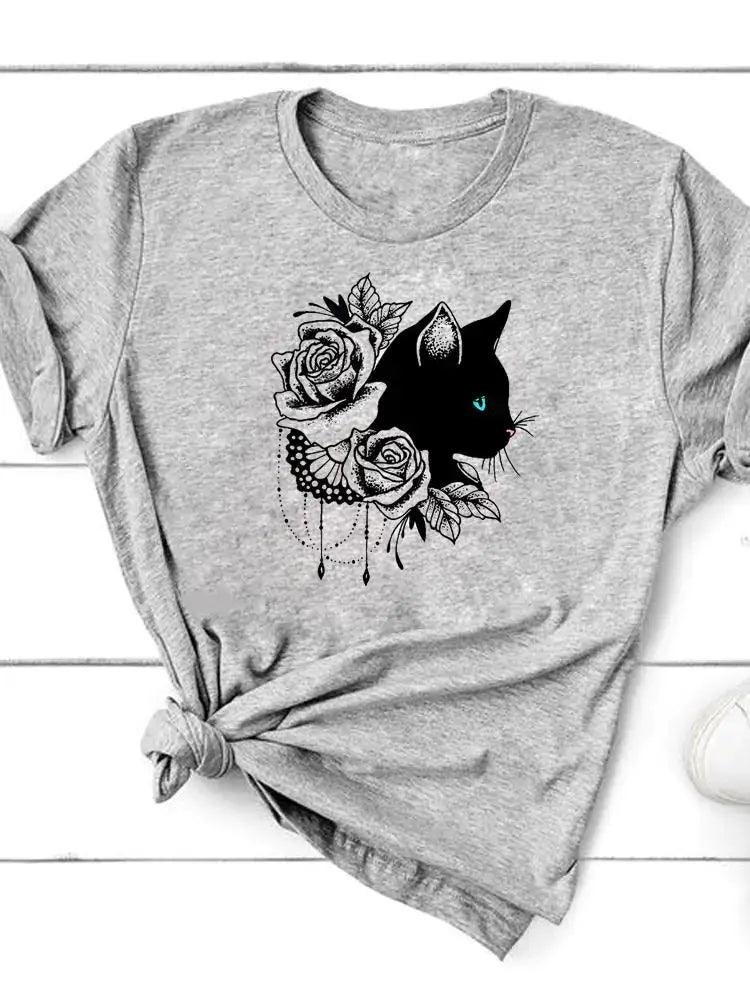 Short Sleeve T-Shirt for Women featuring a stylish black cat and rose graphic design.