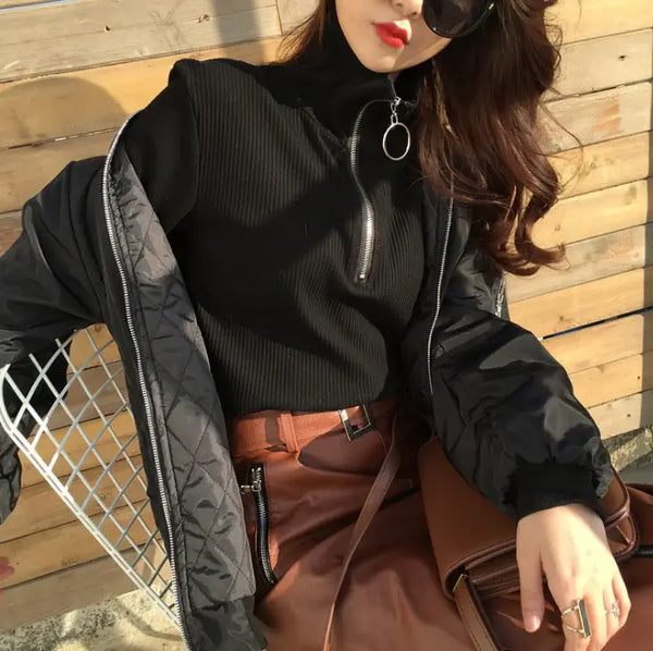 Vintage Casual High Neck Long Sleeve T-Shirt in black worn with a stylish bomber jacket, showcasing a relaxed yet chic look.