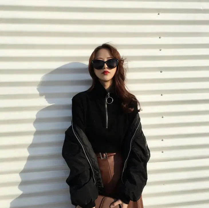 Vintage Casual High Neck Long Sleeve T-Shirt styled with a bomber jacket and sunglasses.