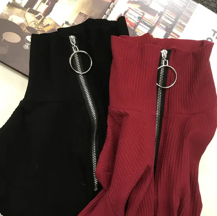 Vintage Casual High Neck Long Sleeve T-Shirt in Black and Red with zipper detail, showcasing a stylish and comfortable design.