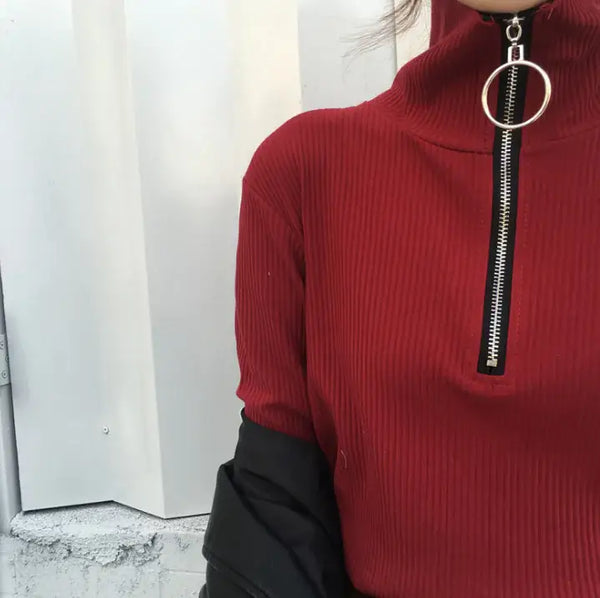 Vintage Casual High Neck Long Sleeve T-Shirt in red with zip detail and ribbed texture