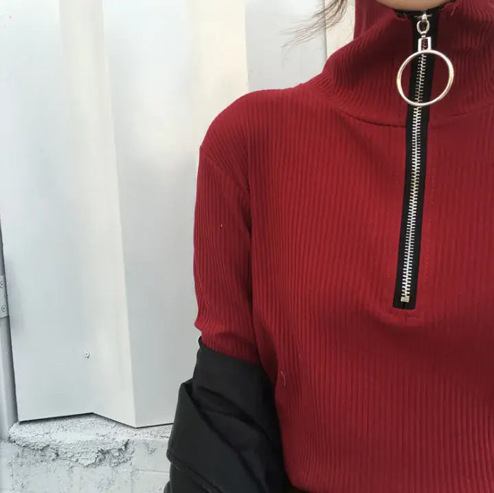 Vintage Casual High Neck Long Sleeve T-Shirt in red with zip detail and ribbed texture