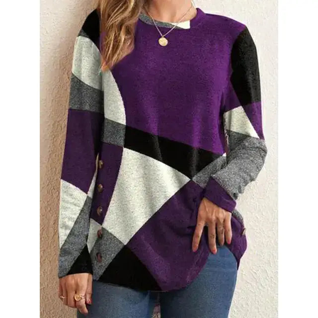 Vintage Comfy Geo Tee featuring a stylish purple and gray geometric pattern, perfect for casual wear.
