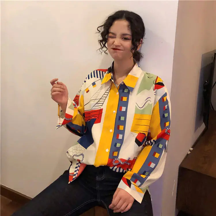 Vintage French Style Long Sleeve Shirt featuring vibrant abstract print and boyfriend fit, perfect for stylish spring outfits.