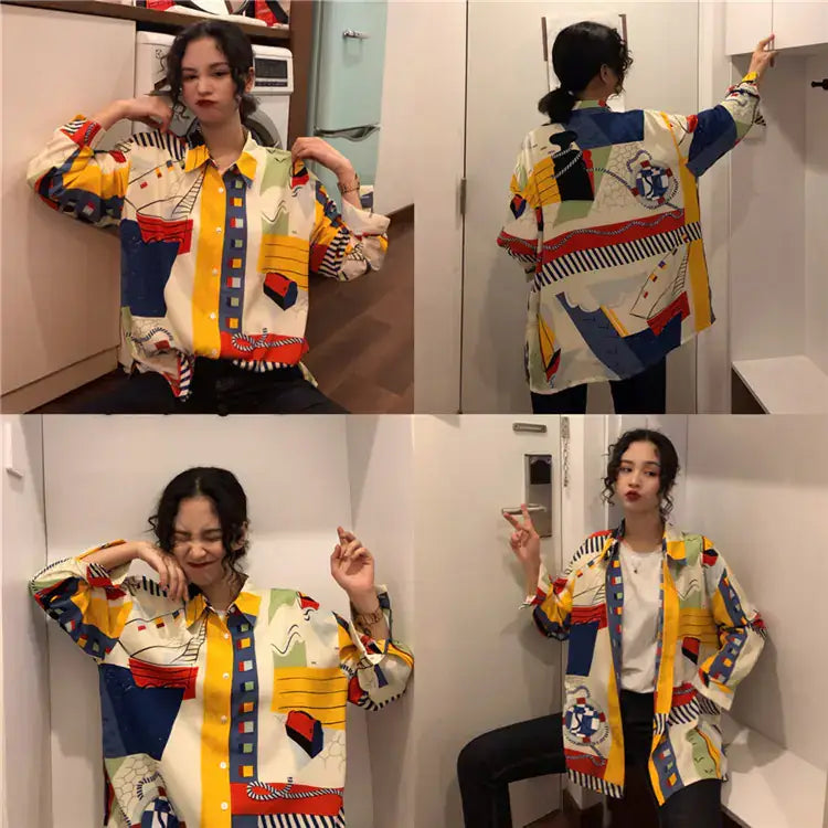 Vintage French Style Long Sleeve Shirt featuring vibrant abstract patterns and a loose boyfriend fit.