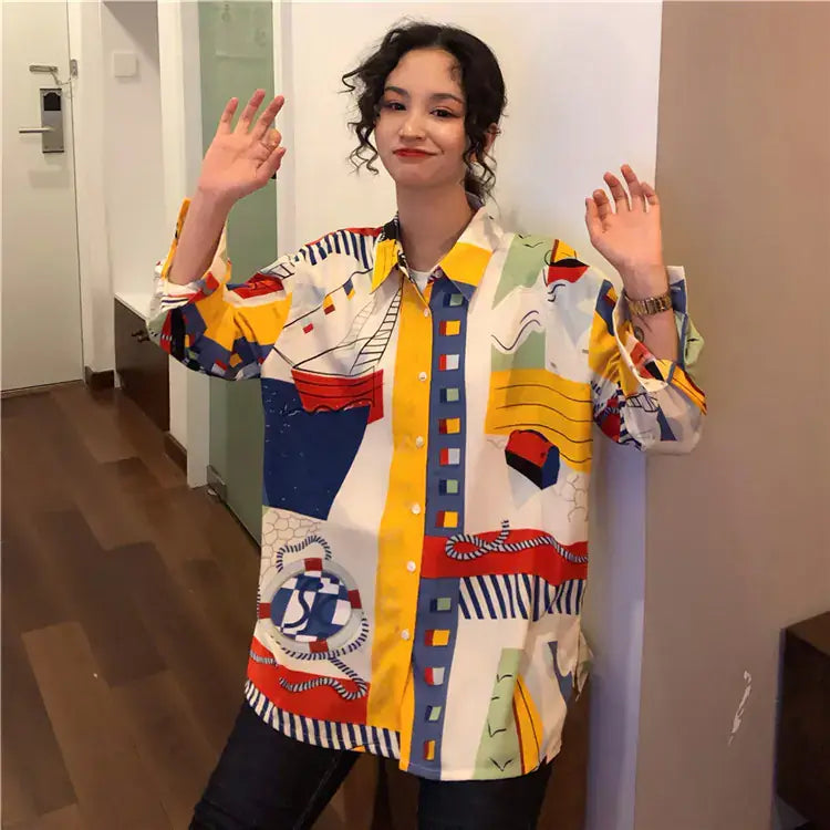 Vintage French Style Long Sleeve Shirt worn by a woman with abstract print design, showcasing spring fashion elegance.