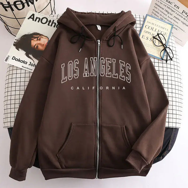 Vintage Hooded Sweatshirt for Women in brown with Los Angeles California print, perfect for casual outings.