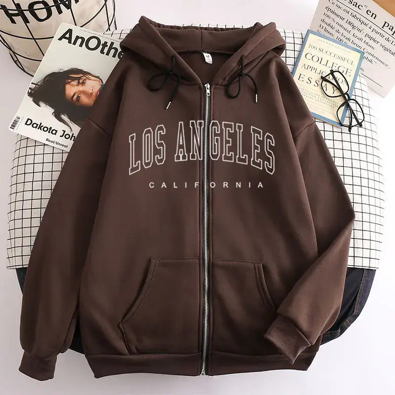 Vintage Hooded Sweatshirt for Women in brown with Los Angeles California print, perfect for casual outings.