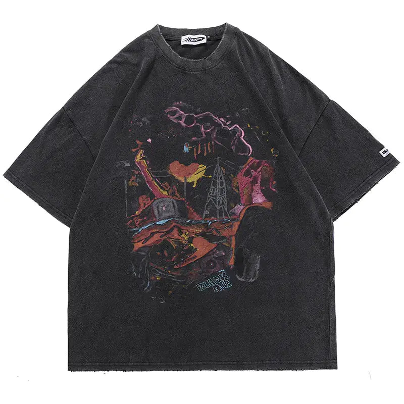Vintage Street Style Loose Graphic T-Shirt featuring a colorful graphic design on a black oversized tee.