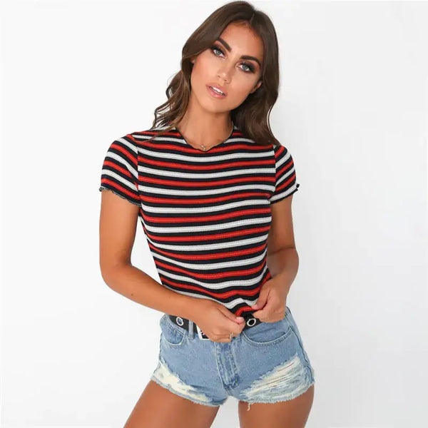 Short Sleeve T-Shirt for Women featuring a stylish striped design and a casual look.