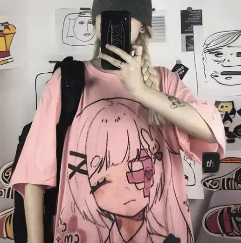 Short Sleeve T-Shirt for Women featuring trendy anime design in pink color, perfect for summer fashion.