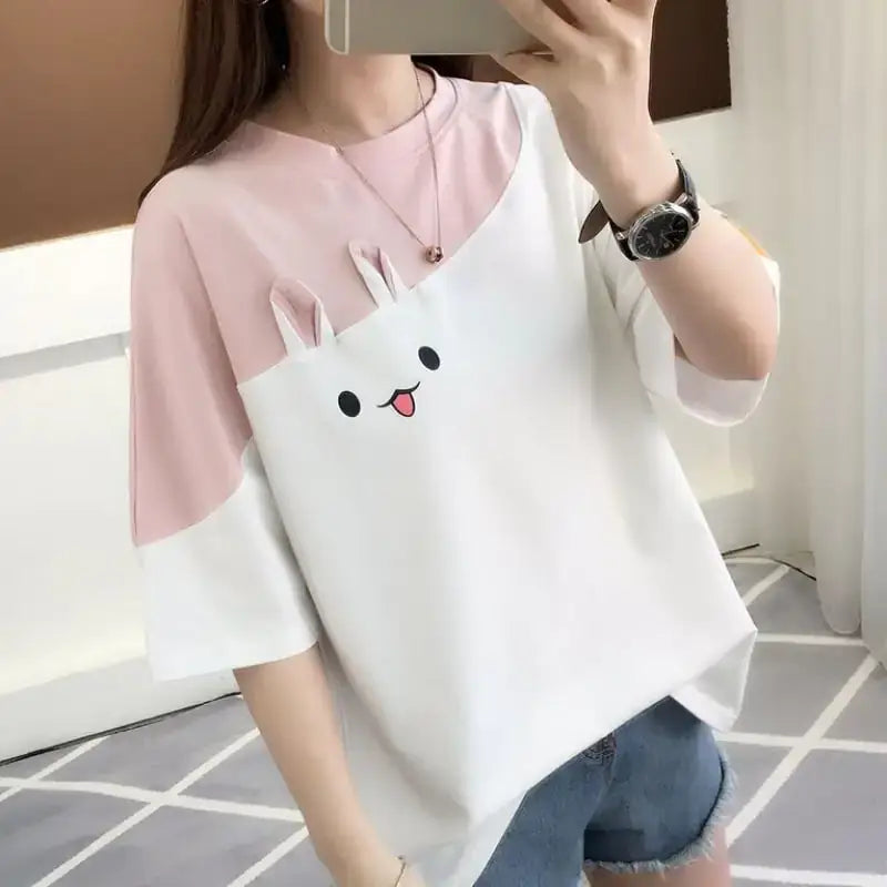 Women's Short Sleeve T-Shirt featuring cute rabbit embroidery, perfect for casual outings.