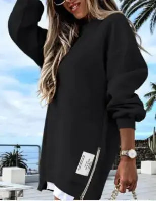 Winter Sweatshirt Dress for Women, stylish black sweatshirt dress with relaxed fit and zip detail.